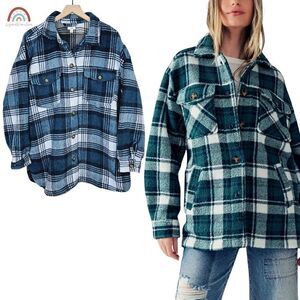 New! Dip Fleece Brushed Plaid Buffalo Check Oversized Button Down Jacket Shacket